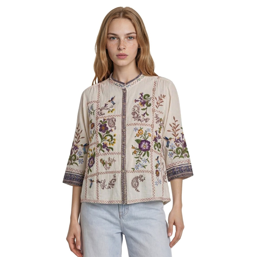 John Mark Blouse Women's Size Large Cream Floral Hummingbird Embroidered Top